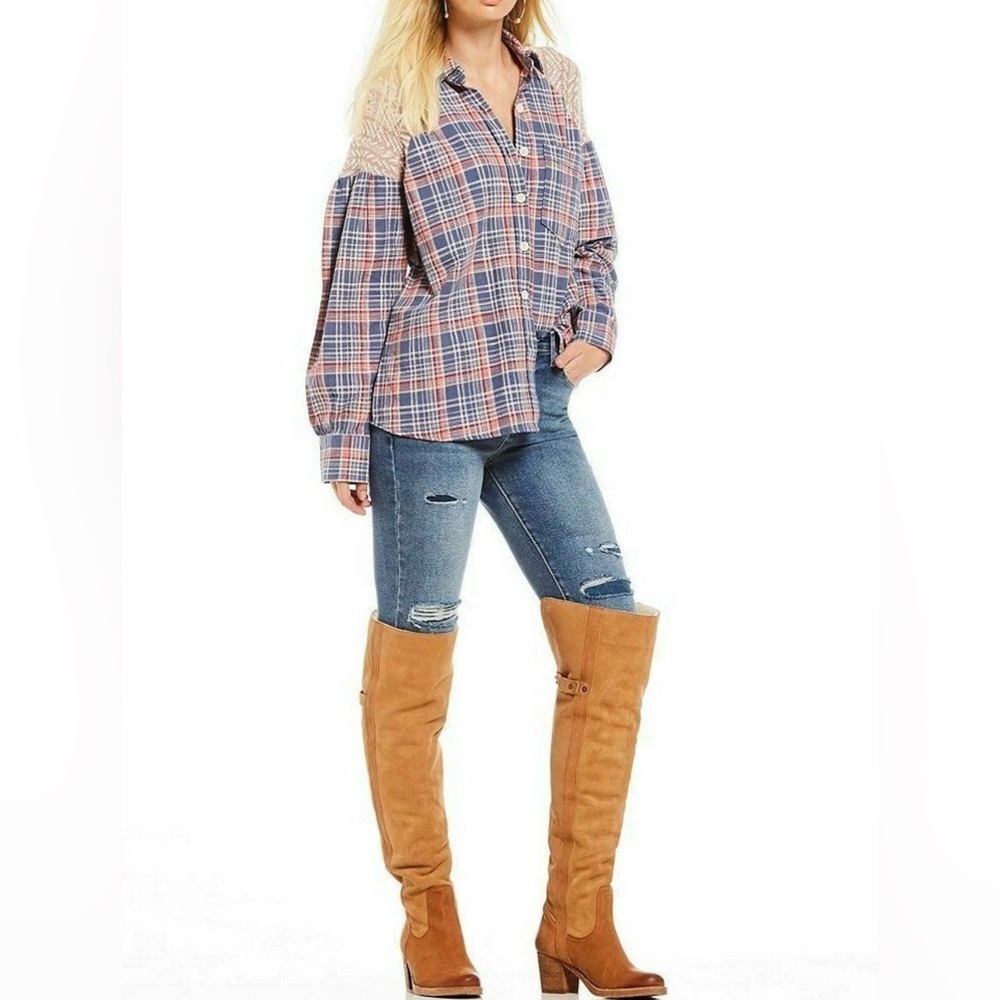 FREE PEOPLE Fireside Nights Plaid & Knit Long Sleeve Blouse Cloudy Combo Size S